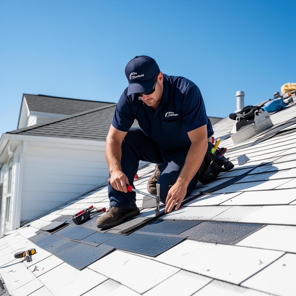Roofer installing shingles